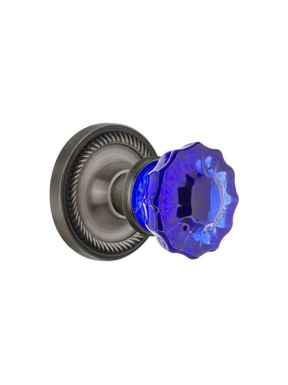 Rope Rosette Door Set with Colored Fluted Crystal Glass Knobs Cobalt Blue in Antique Pewter.
